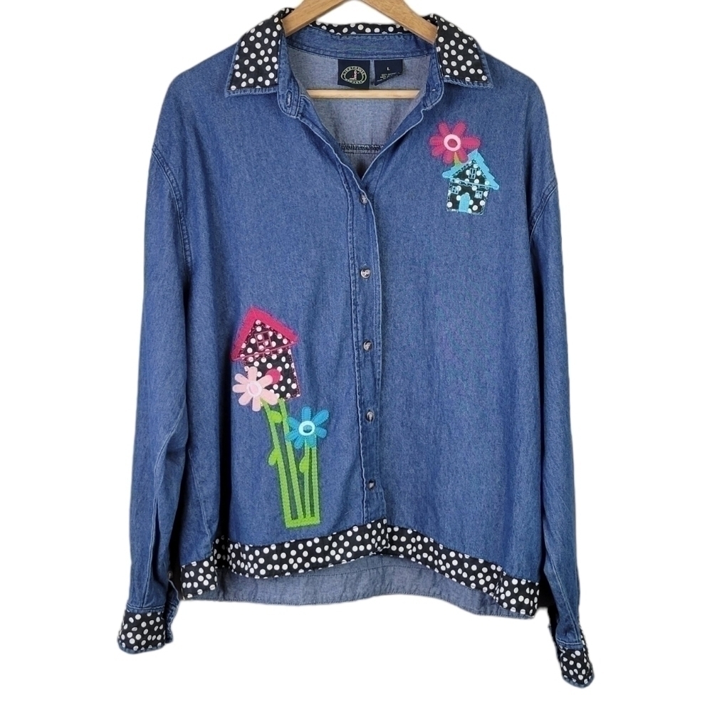 Lighthouse Apparel Denim Button Down Shirt Embroidery Floral Polka Dot Blue L